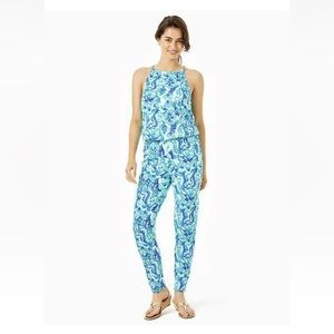 Lilly Pulitzer Keeran Jumpsuit Seeing Double Sea Glass Aqua XS